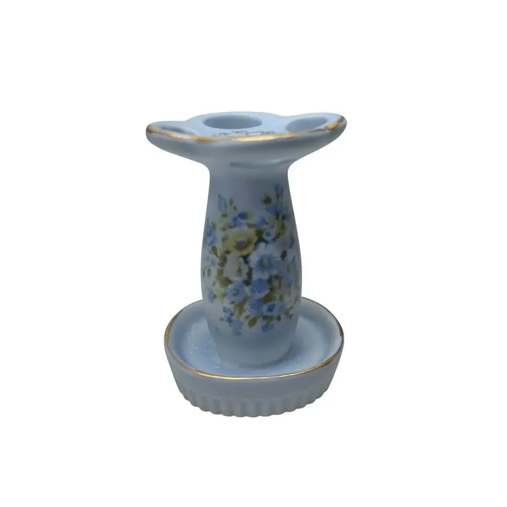 Vintage Porcelain Toothbrush Holder Blue‎ Floral Gold Trim Cottagecore Bath